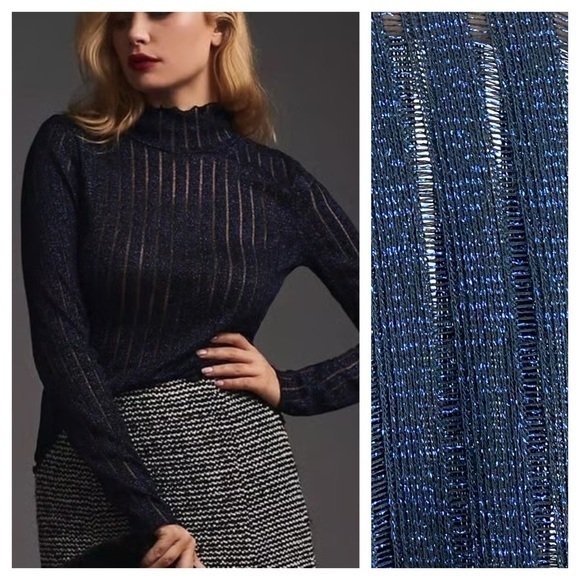 Anthropologie Tops - Anthropologie Pilcro Black Metallic Blue Sheer Lettuce Trim Turtleneck